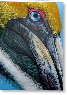 a painting of a pelican's head with bright yellow feathers and blue sky in the background