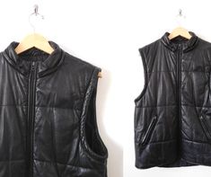 Vintage 1990s Black Leather Vest. A rare find, this black leather vest is perfect for adding over a shearling jacket, turtleneck or sweater for added warmth without a lot of added bulk. DETAILS- Brand: Maxima by Wilsons Leather Experts - Label Size: large - Color: black - Shell Material: 100% leather - Lining Material: not specified, most likely 100% polyester - front zip closure - zippers around arm opening at neck- front zip pockets - no stretch material  - Note on condition: scuffing on zippe Winter Streetwear Leather Vest, Vintage Black Vest Outerwear, Vintage Black Vest For Streetwear, Retro Black Winter Vest, Vintage Black Winter Vest, Vintage Black Vest For Fall, Black Vintage Vest For Fall, Black Leather Vest, Sleeveless Coat