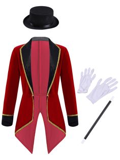 the costume is red and black with gold trimmings, gloves, and a top hat