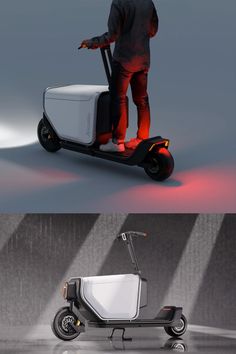 two different views of an electric scooter, one in white and the other in red