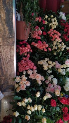 many different colored flowers in a room