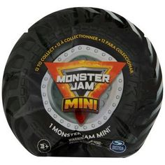 the monster jam mini toy is black and has an orange logo on it's front