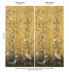 four panel screen with birds and flowers on yellow background, one in the foreground