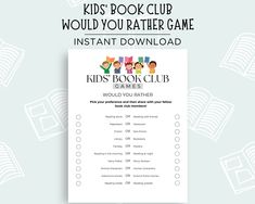 This Kids' Book Club Would You Rather Game is a fun and engaging way to enhance your book club meetings! You can use the This or That game as a book club icebreaker, discussion starter, or as a fun way to strengthen the bond of your book club members. The children's book club Would You Rather activity comes in 2 different sizes. The 8.5x11" size has one game per page. Or you can save paper and ink by using the half-sheet option that comes with two 5.5x8.5" games per page. Best of all, since this Would You Rather game for kids is a digital download, there's no waiting around for shipping. You'll immediately have access to it, and you can print as many copies as you need! Looking for even more kids' book club games fun? Be sure to check out our book club game bundle that comes with everythin Book Club Games, This Or That Game, Book Club Activities, Book Club Party, Club Games, Book Club Parties, Would You Rather Game, Kids Book Club, Book Club Meeting