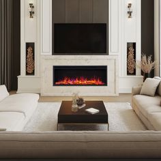 an elegant living room with white furniture and a fire place in the fireplace, along with two couches