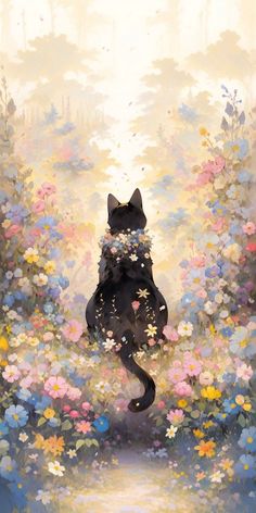 a painting of a black cat sitting on its hind legs in the middle of flowers