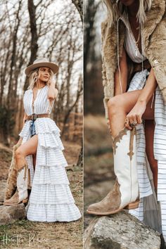 Texan boots, sun hat and a faux fur jacket complete this vintage western outfit. I had so much fun putting this look together! This country woman outfit is perfect for fall. Cute boho western fall outfit idea | Hunter Premo | Fashion Look Inspo Hats And Dresses Outfit, Semi Formal Cowgirl Outfits, Western Boho Dresses, Western Wedding Outfits Guest Summer, Texan Outfit Women, Feminine Country Outfits, Country Chic Outfits Dressy, Elegant Cowgirl Outfit, Cowgirl Wedding Outfit Guest