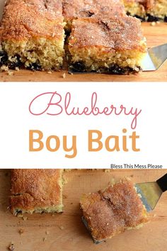 blueberry boy bake is cut into squares on a cutting board with a knife