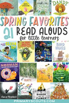 the cover of spring favorites read alouds for little learners with pictures of children's books