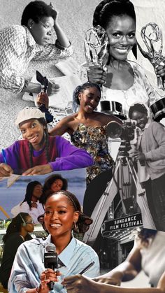 collage of black women with various pictures and words on the bottom right corner, including one woman holding a microphone