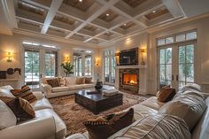 a living room filled with furniture and a fire place in the middle of two windows