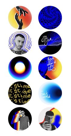 six different circular images with the same person in each one's face and text on them