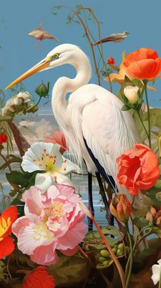 a painting of a white bird surrounded by flowers