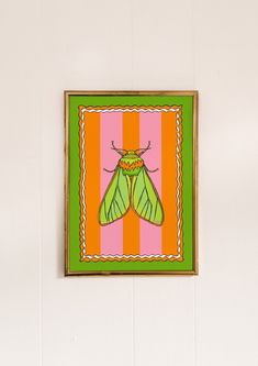 a green and orange moth on a pink and yellow striped background in a wood frame