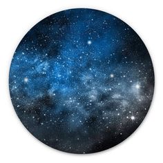 a blue and black plate with stars in the sky on it's side, against a white background