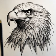 a drawing of an eagle's head in black and white with a pencil next to it