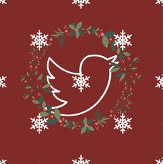 a red background with snowflakes and a white bird in the center surrounded by holly