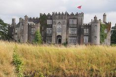 an old castle with tall grass in the foreground and a red flag flying above it