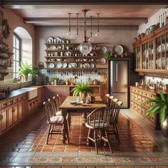 It features an ornate wooden dining table in the center, surrounded by various styled chairs. An antique Butler's pantry is seen housing various china and glassware. Contemporary appliances like a stainless steel refrigerator and an electric stove are seamlessly integrated. Wooden cabinets with brass handles impart a rustic charm. A potted fern is seen enhancing the aura of vibrant freshness. The kitchen ambiance strikes a balance between practicality and style, ideal for a remodel. Rustic Kitchen Designs, Terracotta Floors, Chic Kitchen, Kitchen Makeover, Kitchen Designs, Rustic Kitchen, Kitchen Design, Kitchens