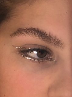 a woman's eye with shiny lashes and gold glitter on the bottom half of her eyelashes