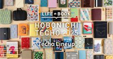 many different types of notebooks are arranged on a wall with the words life book hobonch tech20