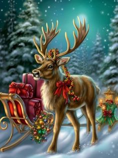 a painting of a reindeer pulling a sleigh with presents on it's back