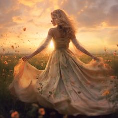 a woman in a dress is walking through a field with dandelions at sunset