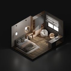 an overhead view of a bedroom with a bed and desk