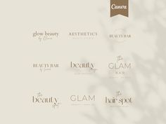 the logos for beauty products are shown in brown and beige colors, with white lettering on them