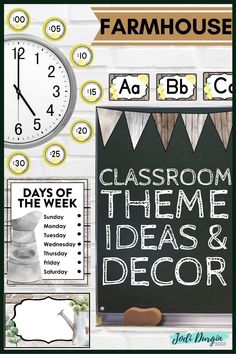 classroom theme ideas and decor in front of a white brick wall with clock, chalkboard