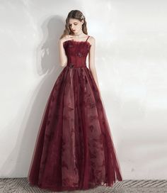 Maroon Dress Tulle, Dark Academia Prom Dress, Prom Dresses Maroon, Maroon Prom Dress, Prom Dress A Line, Shen Wei, Prom Dress Burgundy, Tulle Long Prom Dress, Maxi Prom Dress