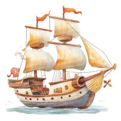 a watercolor painting of a pirate ship with sails and flags on it's mast