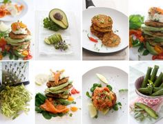 many different pictures of food on plates and utensils, including asparagus, carrots, cucumbers, avocados, lettuce