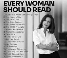 a woman with her arms crossed standing in front of a wall and the words every woman should read