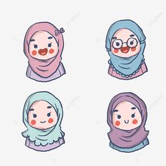 four women wearing hijabs and scarves with different expressions on their faces, including one