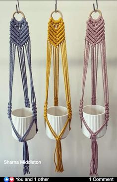 three different types of macrame hangings in various colors and sizes, one is yellow, the other is purple