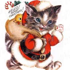 a christmas card with a kitten holding a chicken in it's arms and the caption hello merry christmas