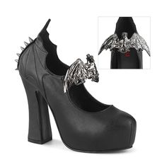 5" (127mm) Heel, 1 1/2" (38mm) Concealed Platform Slip-On Mary Jane Pump Featuring Elastic Strap W/ Large Metal Bat & Cone Spike Studded Bat Wing Detail On The Heel Cap. New With Tags Comes In The Box With Dust Bag Demonia Collection, Goth Heels, Black Mary Jane Heels, Metal Bat, Demonia Shoes, Black Shoes Heels, Black Platform Heels, Bat Wing, Platform Mary Janes