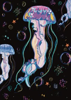 an image of jellyfishs in the water with bubbles and stars around them on a black background