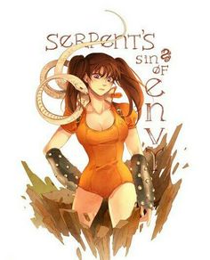 a woman in an orange bodysuit holding a snake on top of her head and the words serpent's sin of evil written below