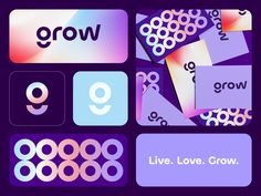 the words grow are displayed in different styles and colors, including purple, pink, blue, and green