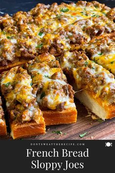 french bread sloppy joes on a cutting board with text overlay that reads, french bread sloppy joes