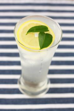 a glass filled with water and lemon on top of a striped table cloth next to a blue and white place mat