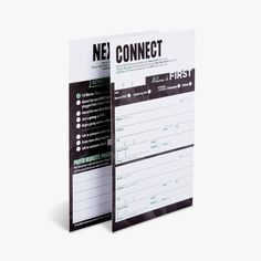 two black and white flyers with the words net connect written on one piece of paper