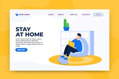 the landing page for stay at home, with a man sitting on a toilet and reading