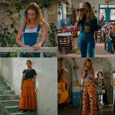 UGH THE BOTTOM RIGHT OUTFIT IS SWOON WORTHY. If only I could pull that off. 😭 young donna sheridan oufits (mamma mia! here we go again) lily james Donna Sheridan, Outfit Essentials, Fest Outfits, Fashion 70s, Mode Hippie, 70s Inspired Fashion, Quoi Porter, Fashion 90s, 70s Outfits