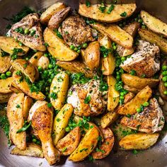 chicken and potatoes with peas in a bowl