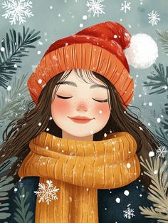 a painting of a girl with her eyes closed wearing a red hat and scarf in the snow