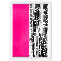 a pink and white abstract painting with black lines