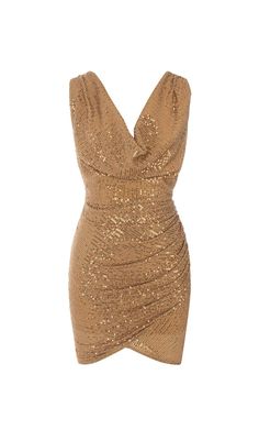 Sequined Jersey Wrap-Effect Mini Dress in GoldAdd a touch of glamour and shine with our Sequined Jersey Wrap-Effect Mini Dress in Gold. This dress is designed to make you the center of attention at any event. The sparkling metallic stretch-jersey fabric catches the light with every move, creating a dazzling effect that is sure to turn heads.Features: Plunging neckline for a sultry and elegant look Fitted waist that accentuates your curves Draped, wrap-effect skirt for added flair Whether you're Gold V-neck Sequin Dress For Formal Occasions, Gold Sequin Mini Dress For Evening, Chic Gold Sleeveless Sequin Dress, Gold Mini Dress For Party Season, Gold Sequin Mini Dress For Night Out, Gold Mini Sequin Dress For Night Out, Gold Mini Length Sequin Dress For Night Out, Chic Gold Sequin Party Dress, Elegant Gold Mini Dress For Night Out